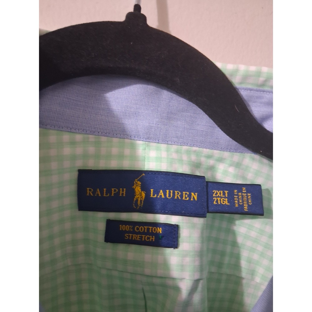 Ralph Lauren Mens 2XLT Gingham Shirt Mint Green Pink Pony Cotton Stretch Tall - Picture 2 of 7